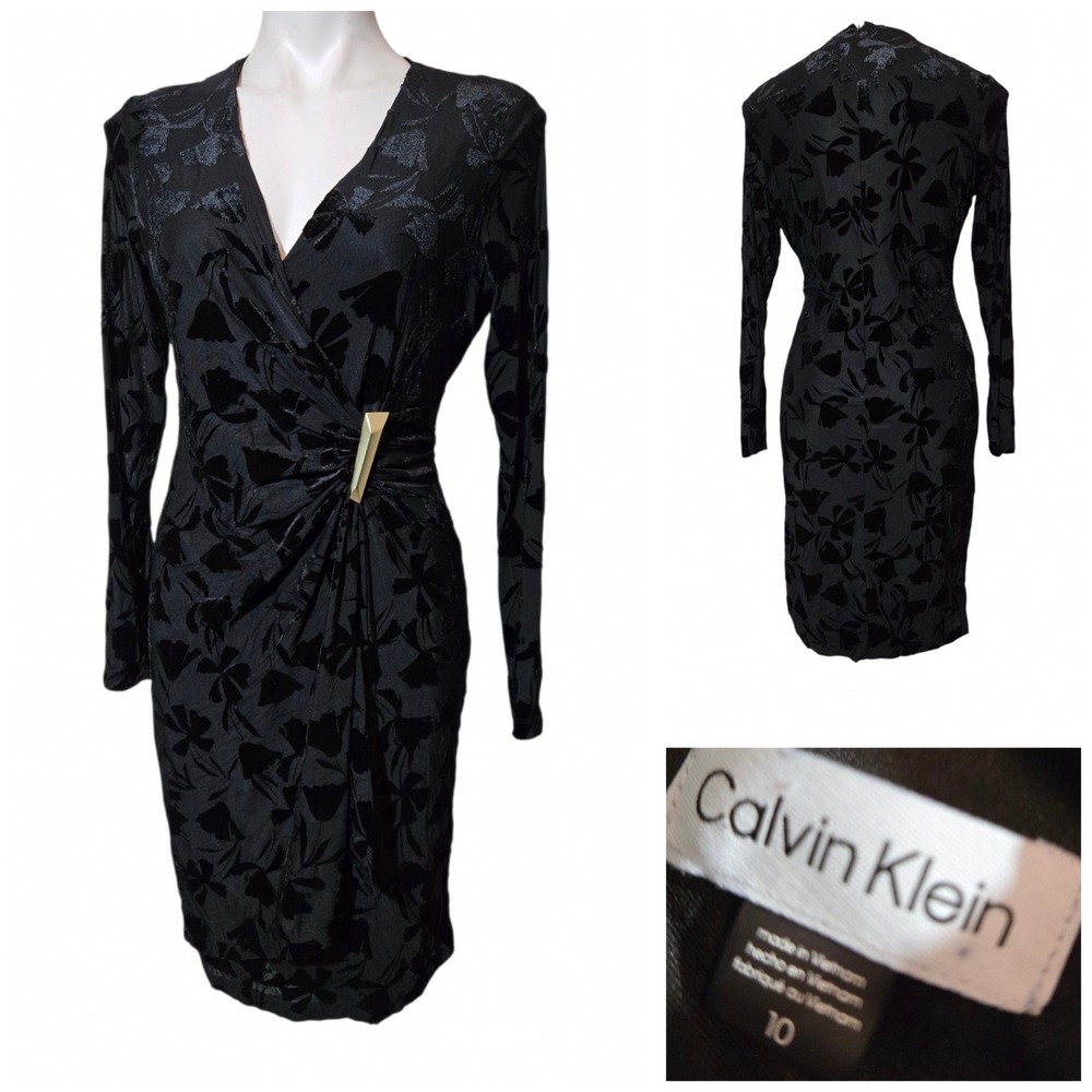 Calvin Klein dress 10 Black Burnout Velvet Floral Faux Wrap Sheath Gold accent